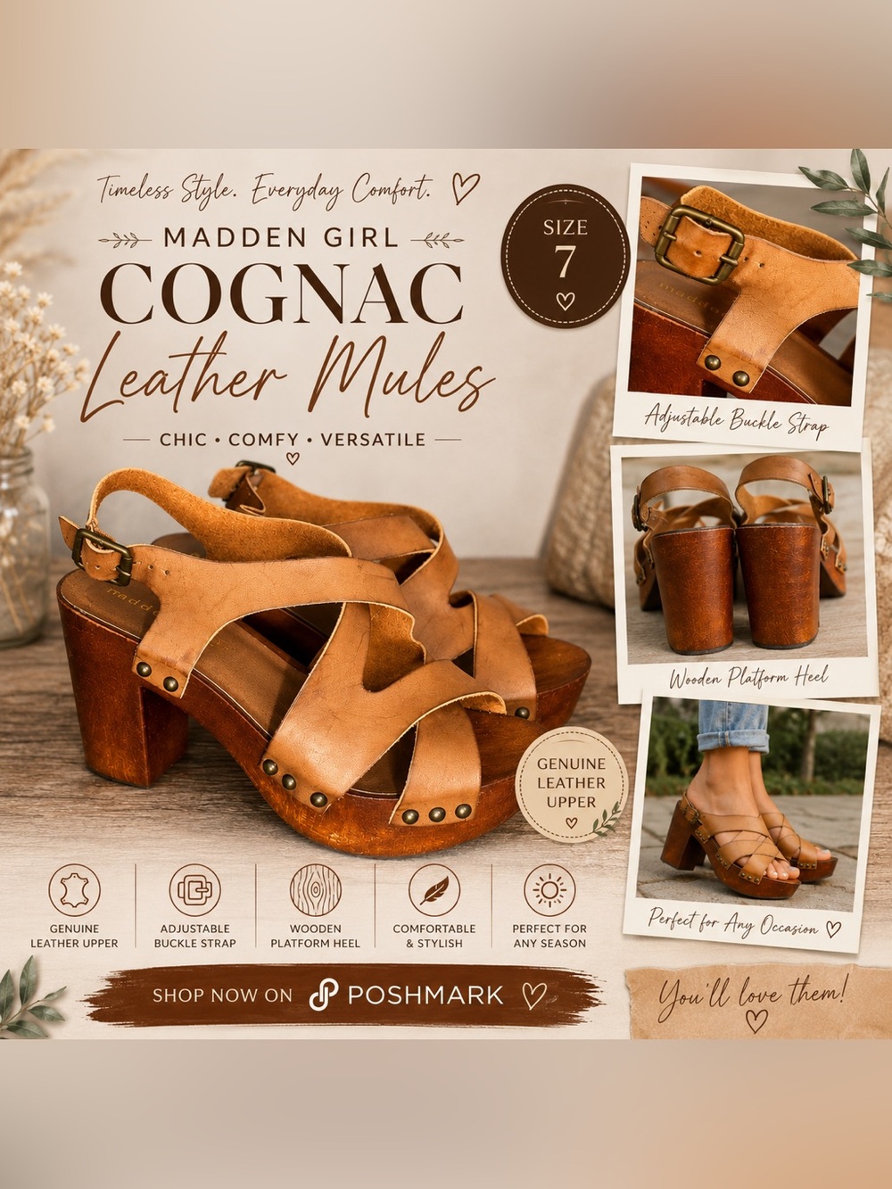 Madden Girl cognac Leather Mules 7
